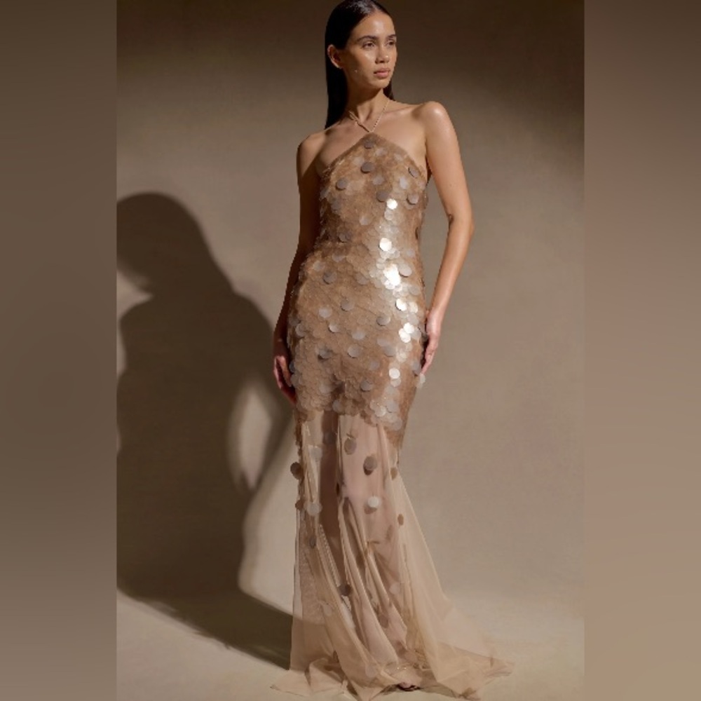 READ DESCRIPTION FOR DAMAGE Meshki Jenny Gold Sequin Maxi Dress